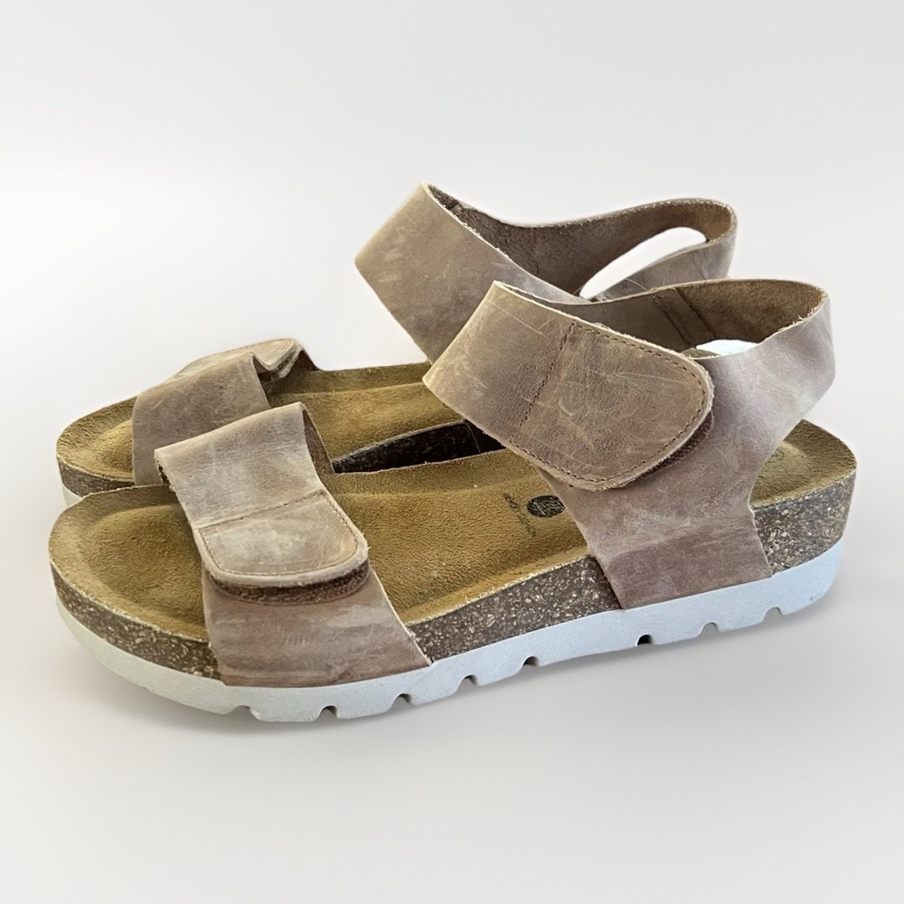 Plakton Leather Sandals Women EU 39 Brown Comfort Cork Footbed Double Strap